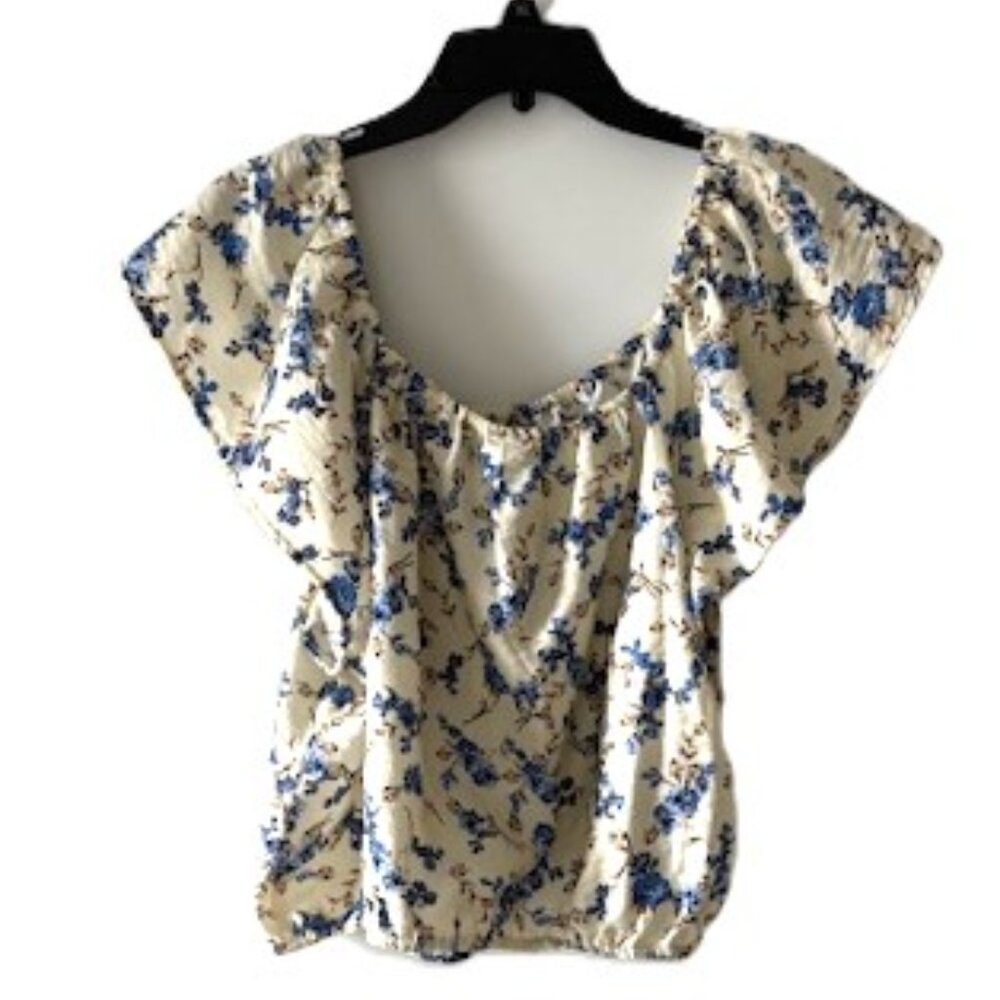 a new day Blue Floral Crop Top with Flutter Cap Sleeves